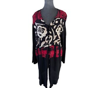 Sharon Anthony Art to Wear VTG 16W Black Red Boho Retro Crinkle Duster‎ Cardigan